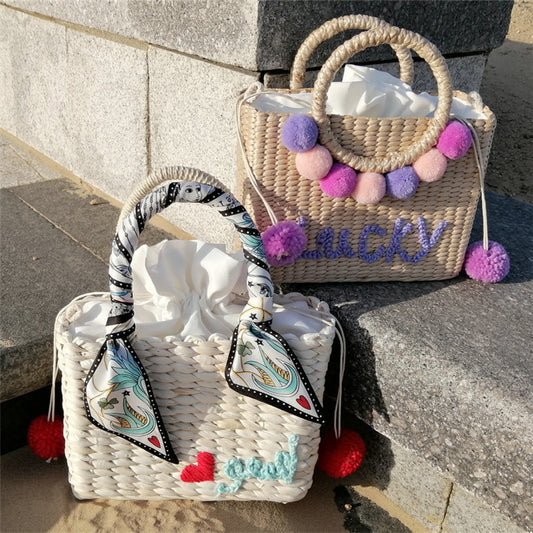 Hydrangea Embroidered Straw Handbag