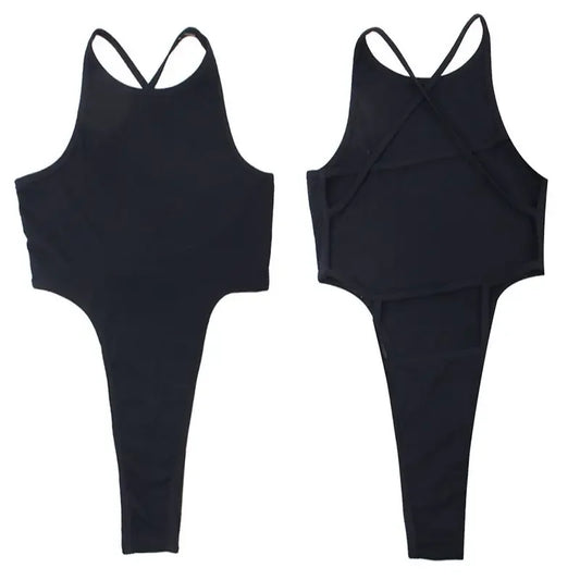 Luminous Summer Bodysuit – Backless Cross-Strap, Sleek Ribbed Fit (Black)